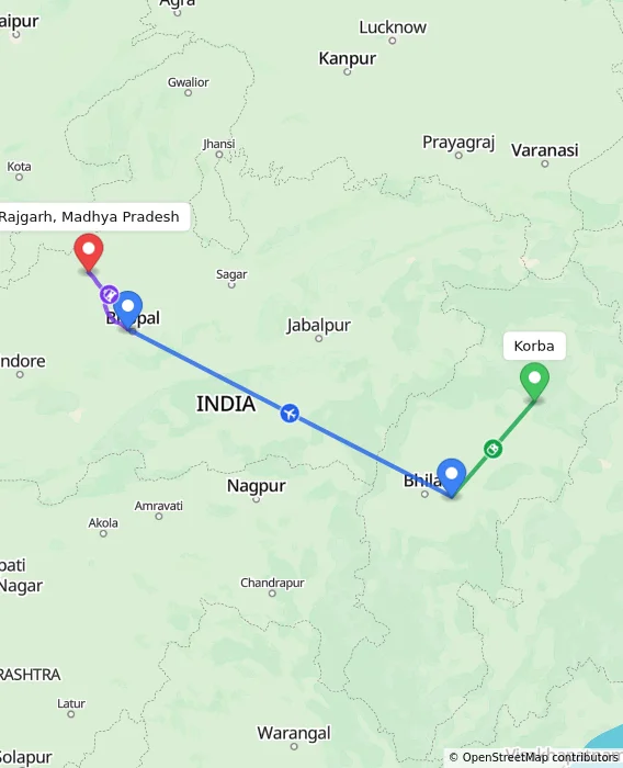 Route map showing distance and travel time from Korba, India to Rajgarh, Madhya Pradesh, India