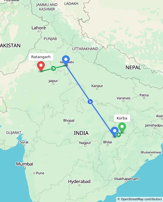 Route map showing distance and travel time from Korba, India to Ratangarh, India