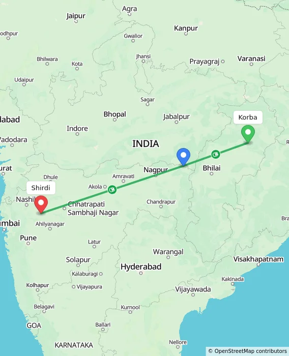 Route map showing distance and travel time from Korba, India to Shirdi, India