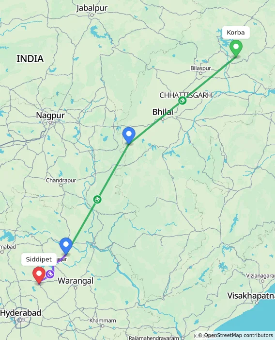 Route map showing distance and travel time from Korba, India to Siddipet, India