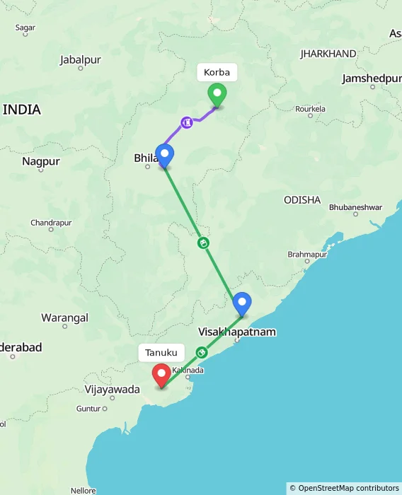 Route map showing distance and travel time from Korba, India to Tanuku, India