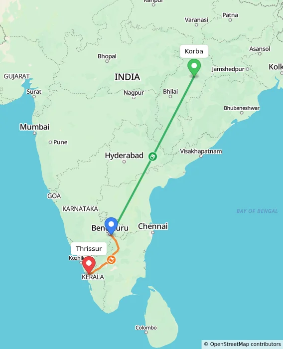 Route map showing distance and travel time from Korba, India to Thrissur, India
