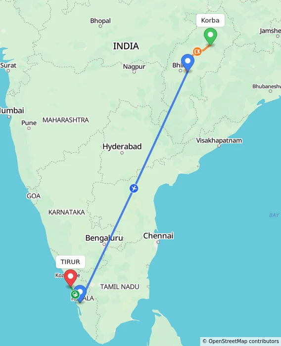 Route map showing distance and travel time from Korba, India to TIRUR, India
