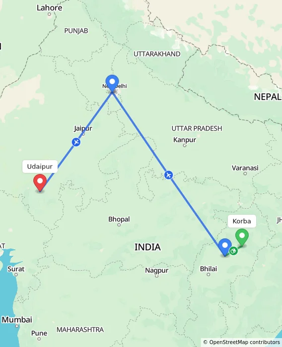 Route map showing distance and travel time from Korba, India to Udaipur, India