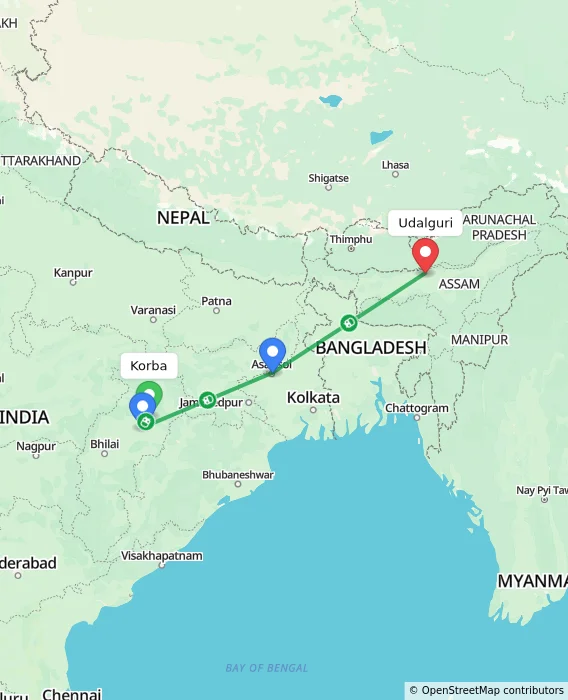 Route map showing distance and travel time from Korba, India to Udalguri, India