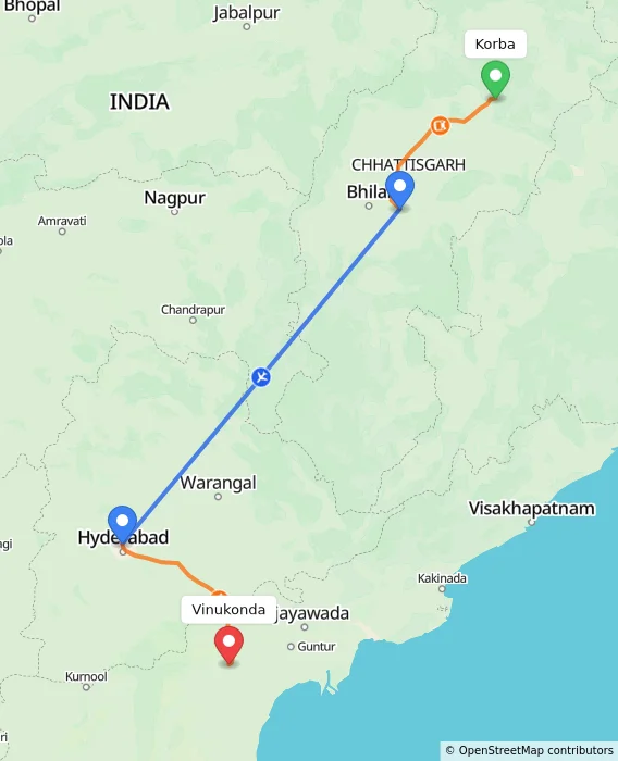 Route map showing distance and travel time from Korba, India to Vinukonda, India