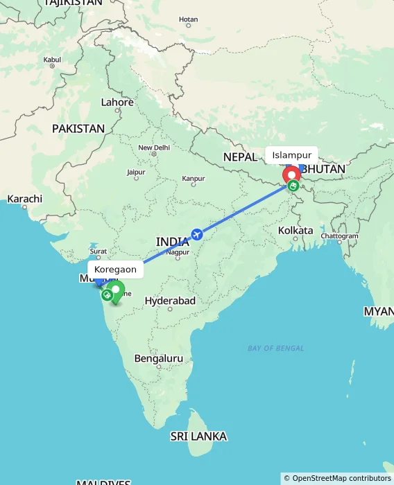 Route map showing distance and travel time from Koregaon, India to Islampur, India