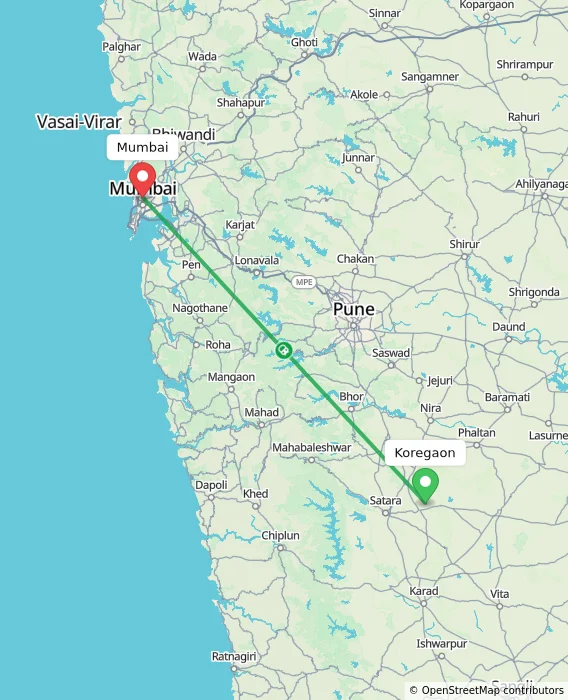 Route map showing distance and travel time from Koregaon, India to Mumbai, India