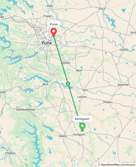 Route map showing distance and travel time from Koregaon, India to Pune, India