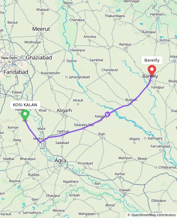 Route map showing distance and travel time from KOSI KALAN, India to Bareilly, India