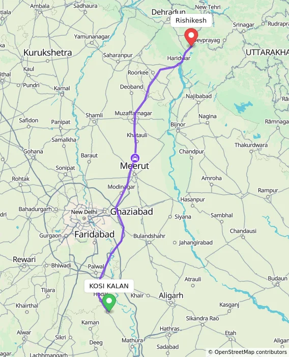 Route map showing distance and travel time from KOSI KALAN, India to Rishikesh, India