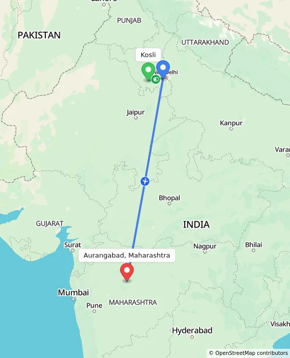 Route map showing distance and travel time from Kosli, India to Aurangabad, Maharashtra, India