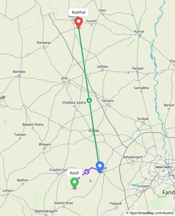 Route map showing distance and travel time from Kosli, India to Kaithal, India