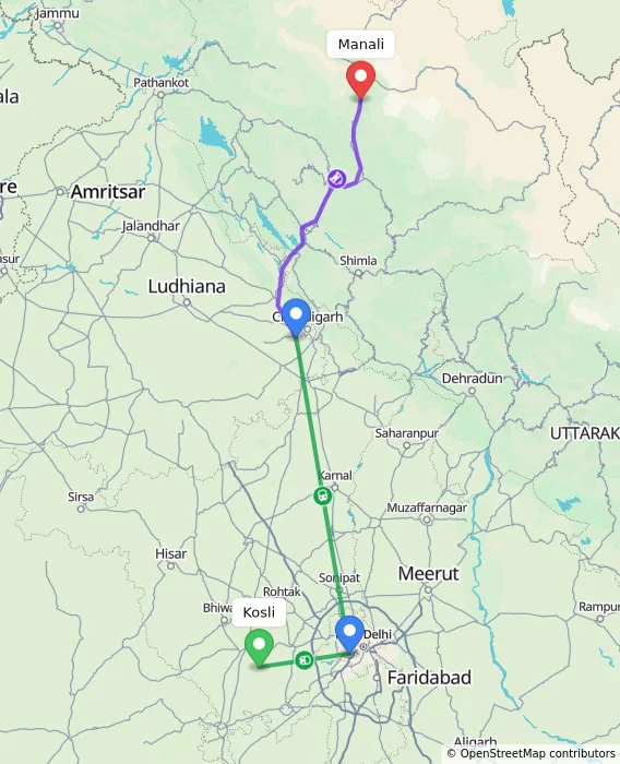 Route map showing distance and travel time from Kosli, India to Manali, India
