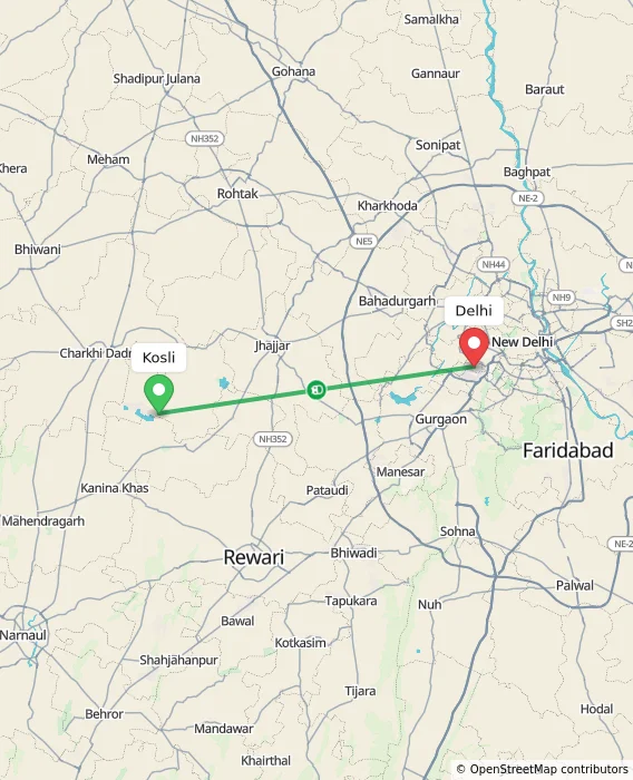 Route map showing distance and travel time from Kosli, India to Delhi, India