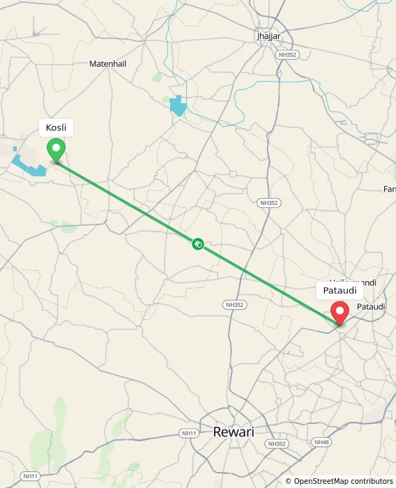 Route map showing distance and travel time from Kosli, India to Pataudi, India