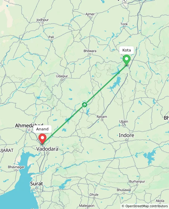 Route map showing distance and travel time from Kota, India to Anand, India