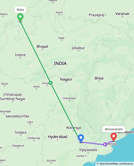 Route map showing distance and travel time from Kota, India to Annavaram, India