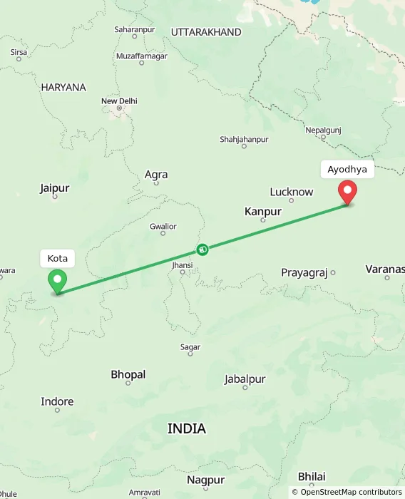 Route map showing distance and travel time from Kota, India to Ayodhya, India