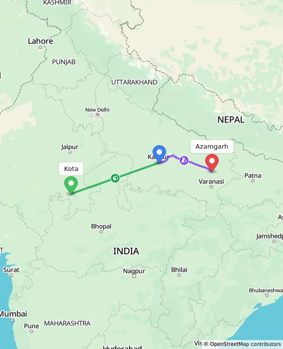 Route map showing distance and travel time from Kota, India to Azamgarh, India