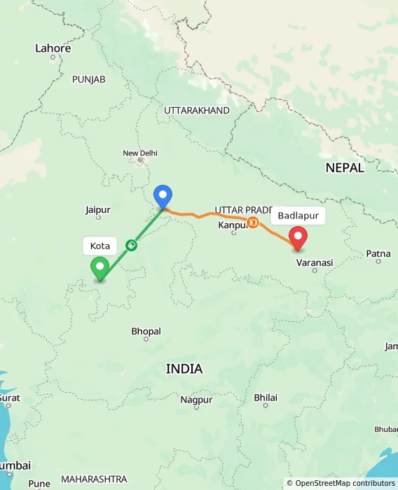 Route map showing distance and travel time from Kota, India to Badlapur, India
