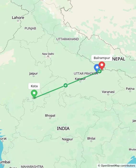 Route map showing distance and travel time from Kota, India to Balrampur, India