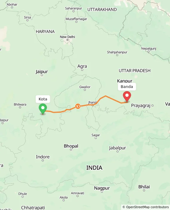 Route map showing distance and travel time from Kota, India to Banda, India