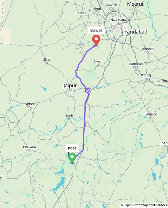 Route map showing distance and travel time from Kota, India to Bawal, India