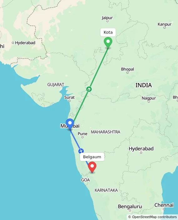Route map showing distance and travel time from Kota, India to Belgaum, India