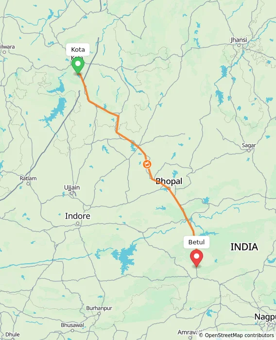 Route map showing distance and travel time from Kota, India to Betul, India