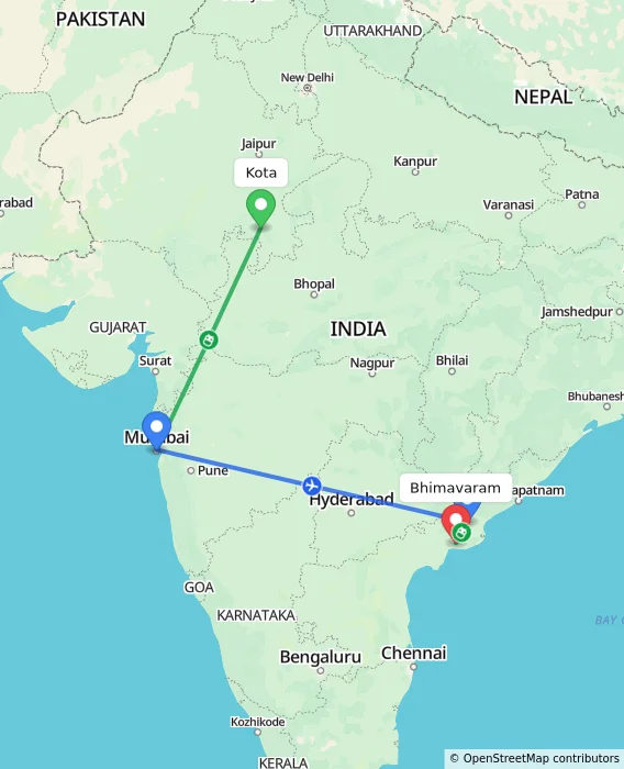 Route map showing distance and travel time from Kota, India to Bhimavaram, India