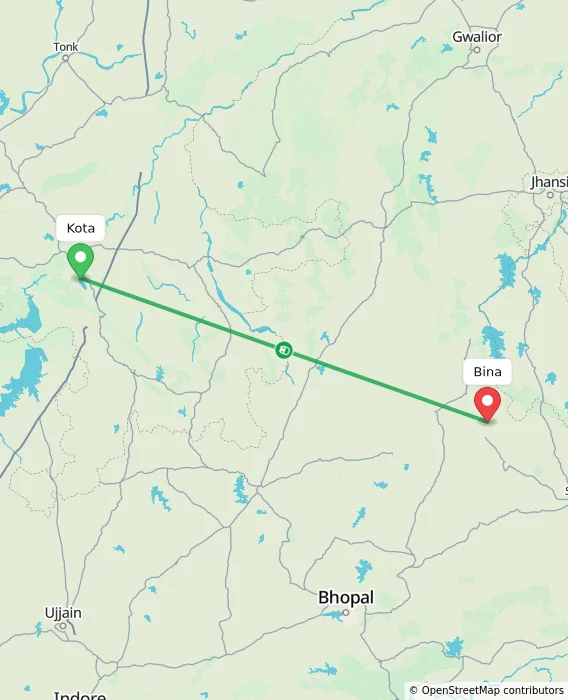 Route map showing distance and travel time from Kota, India to Bina, India