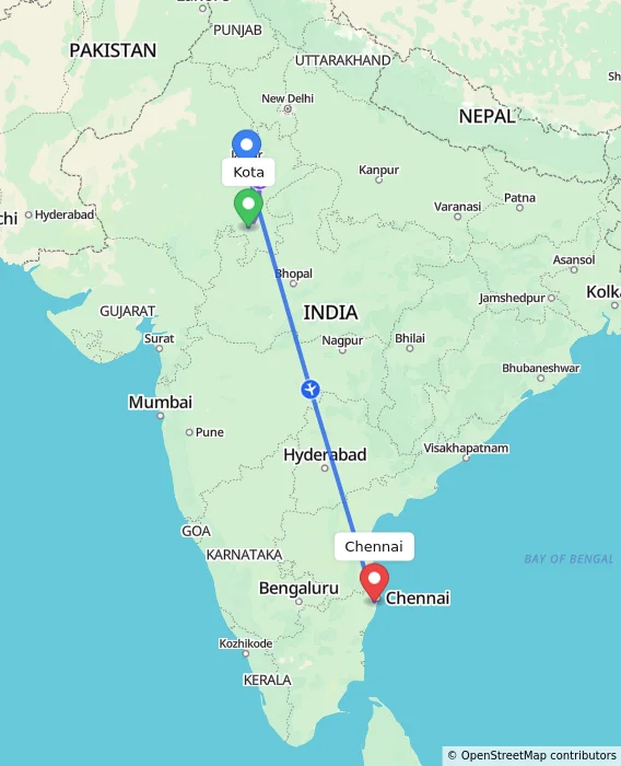 Route map showing distance and travel time from Kota, India to Chennai, India