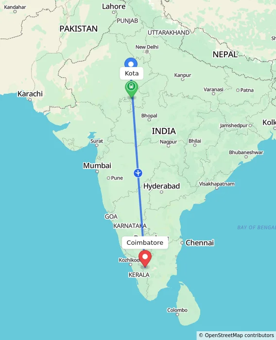 Route map showing distance and travel time from Kota, India to Coimbatore, India