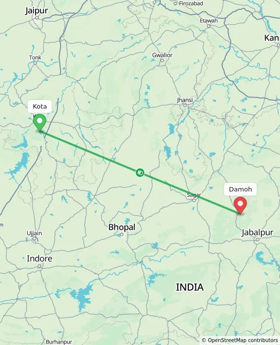 Route map showing distance and travel time from Kota, India to Damoh, India