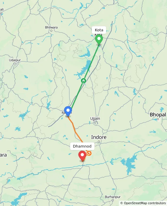 Route map showing distance and travel time from Kota, India to Dhamnod, India