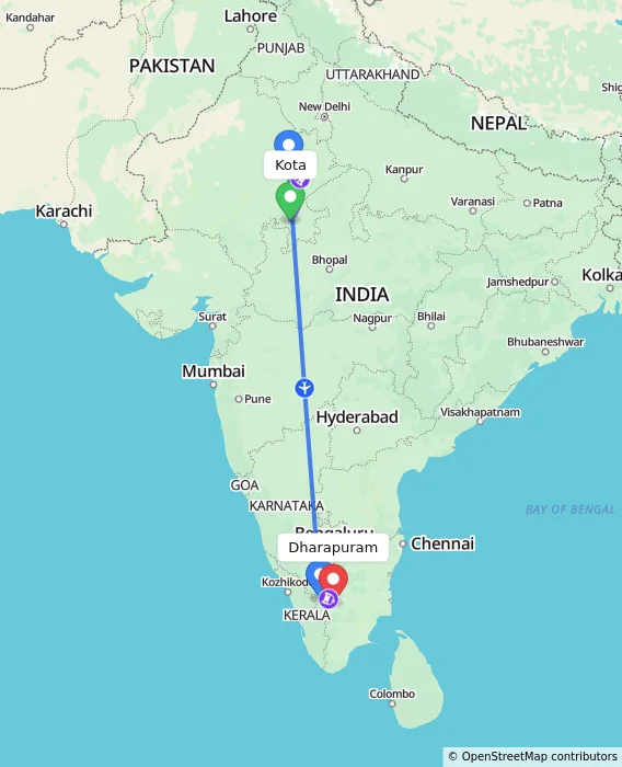 Route map showing distance and travel time from Kota, India to Dharapuram, India