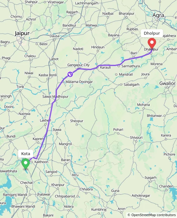 Route map showing distance and travel time from Kota, India to Dholpur, India