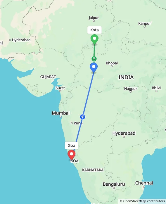Route map showing distance and travel time from Kota, India to Goa, India