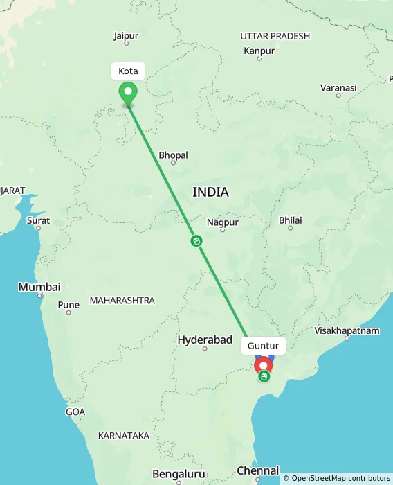 Route map showing distance and travel time from Kota, India to Guntur, India