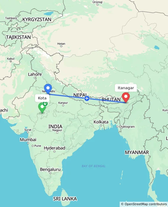 Route map showing distance and travel time from Kota, India to Itanagar, India