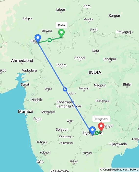 Route map showing distance and travel time from Kota, India to Jangaon, India