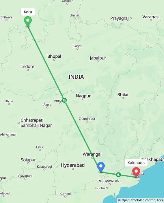 Route map showing distance and travel time from Kota, India to Kakinada, India