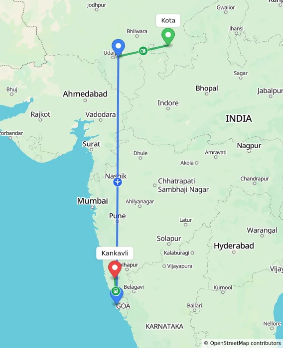 Route map showing distance and travel time from Kota, India to Kankavli, India