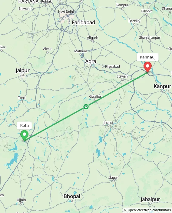 Route map showing distance and travel time from Kota, India to Kannauj, India