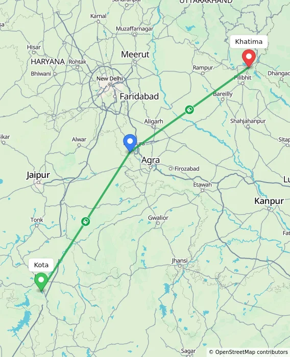 Route map showing distance and travel time from Kota, India to Khatima, India