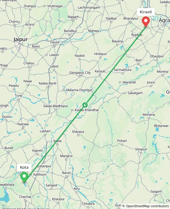 Route map showing distance and travel time from Kota, India to Kiraoli, India