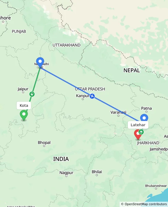 Route map showing distance and travel time from Kota, India to Latehar, India