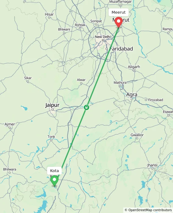 Route map showing distance and travel time from Kota, India to Meerut, India