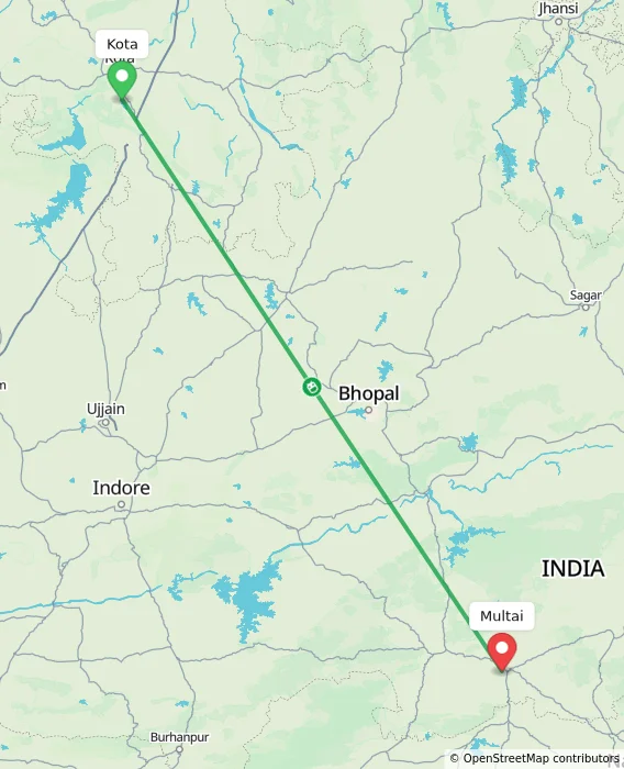 Route map showing distance and travel time from Kota, India to Multai, India